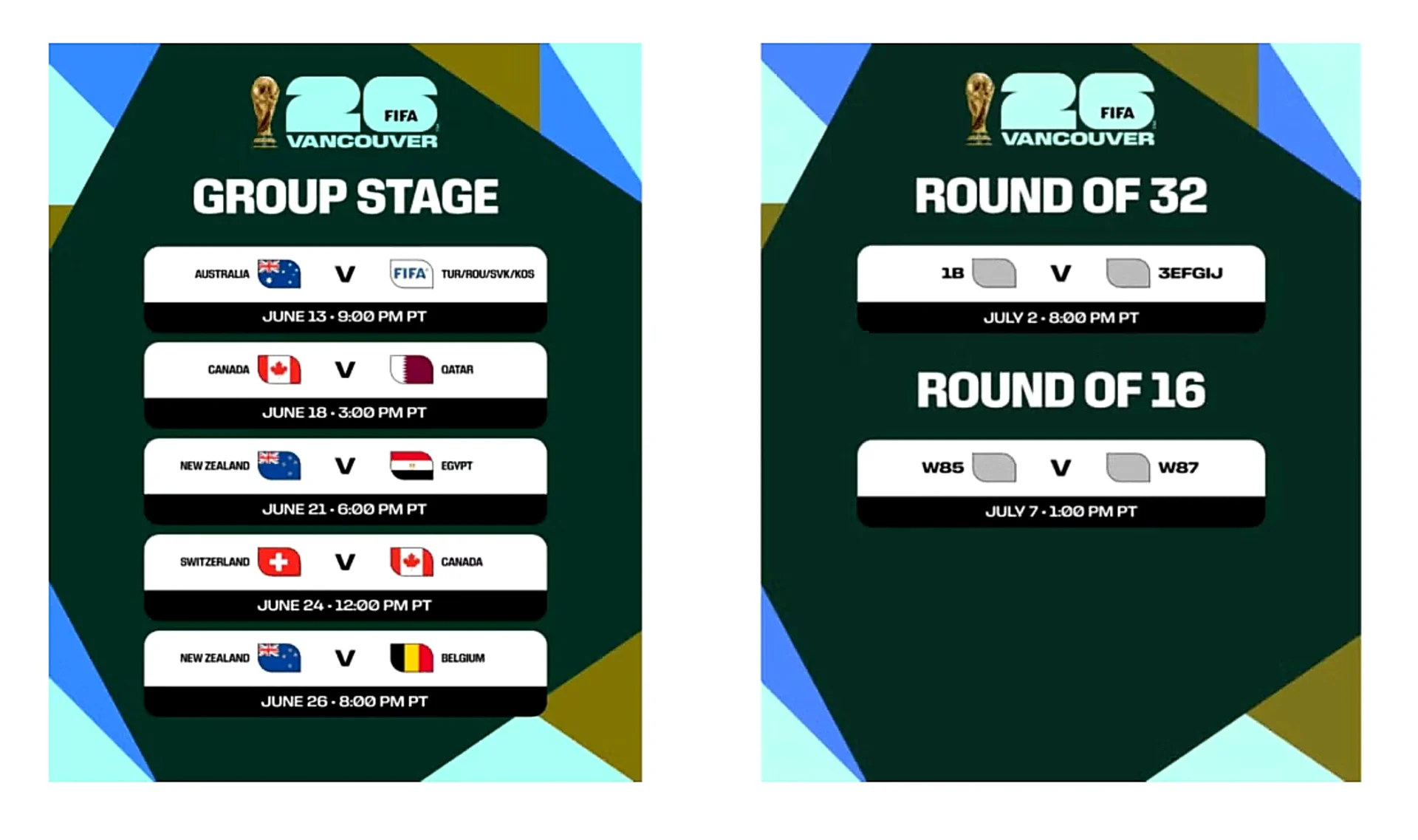 FIFA World Cup 2026 Vancouver BC Place match schedule — Group Stage June 13 to 26, Round of 32 July 2, Round of 16 July 7
